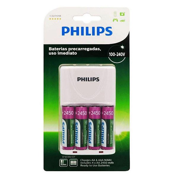 Kit Carregador Philips com 4 Pilhas Recarregáveis AA 2450mAh - Backup  Equipamentos