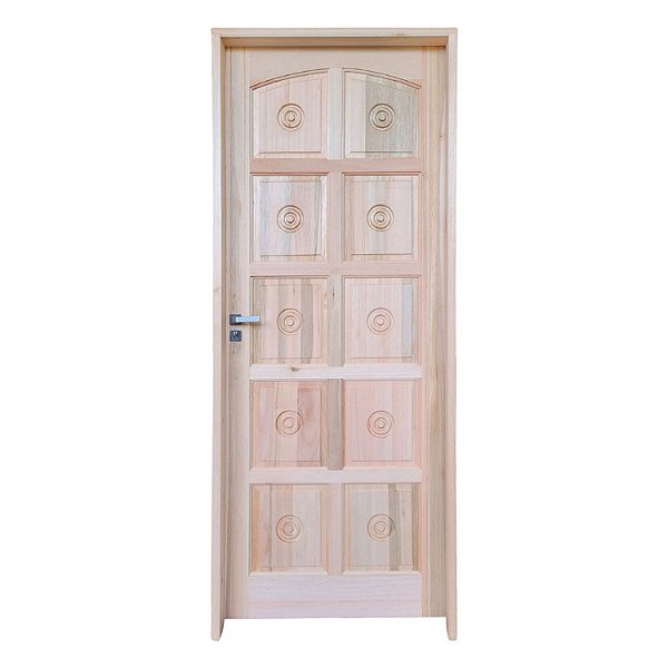 Kit Completo Porta Torneada 10 Alm. Eucalipto Maciça 82cm + Fechadura Externa Modena + Batente Eucalipto c/Emenda