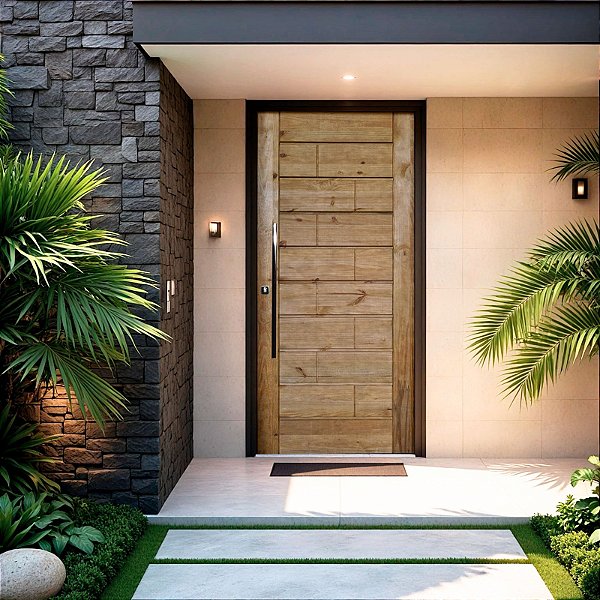 Kit Completo Porta Ekos Eco Pivotante 102cm + Fechadura Externa Rolete Com Pux Reto de 80cm Batente Pinus Ecológico Tingido Imbuia de 14cm