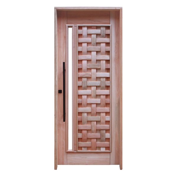 Porta Maciça Couro Trançado com Visor + Fechadura + Puxador + Batente Eucalipto c/Emenda