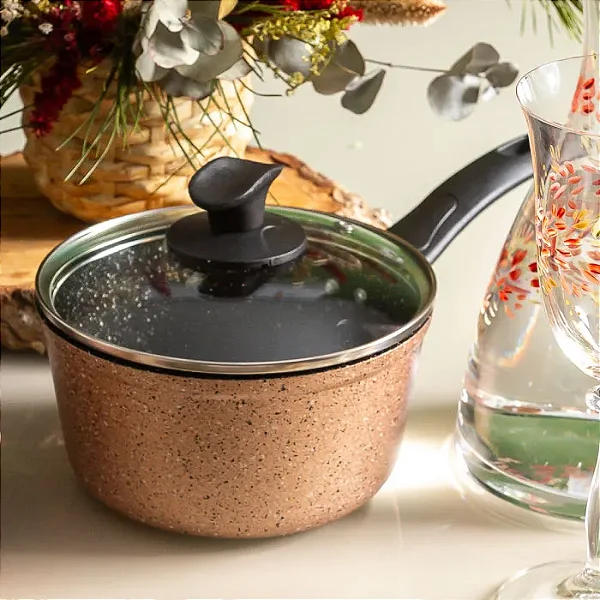 Panela Antiaderente 16cm Champagne c/ Tampa de Vidro