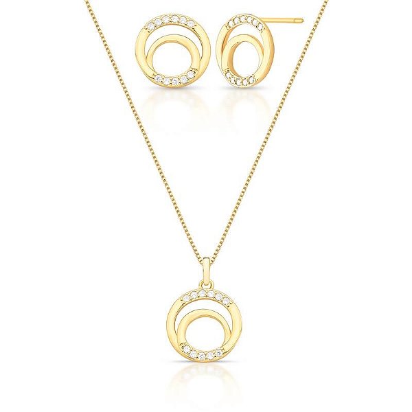 Conjunto Colar e Brinco Redondo Cravejado Zircônias