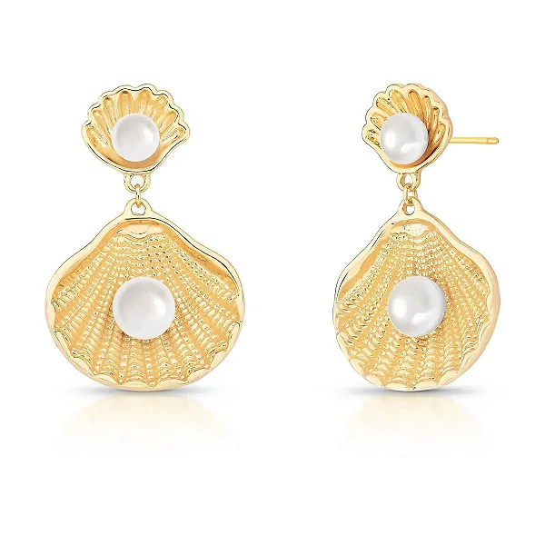 Brinco Pêndulo de Concha Texturizado com Pérola Shell