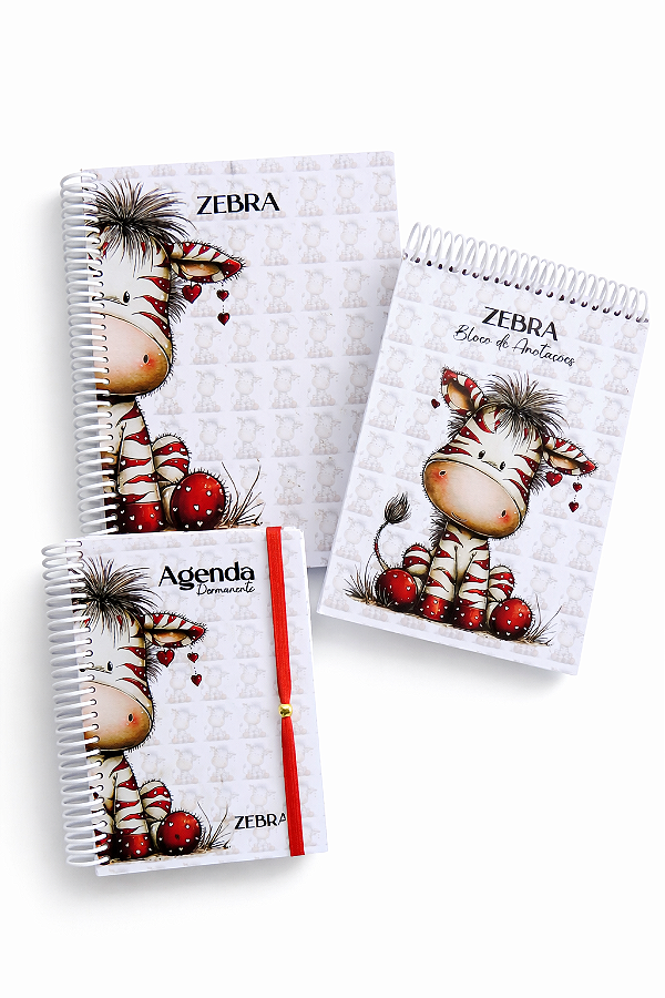 Kit Zebra - Agenda Permanente + Caderno + Bloco de notas