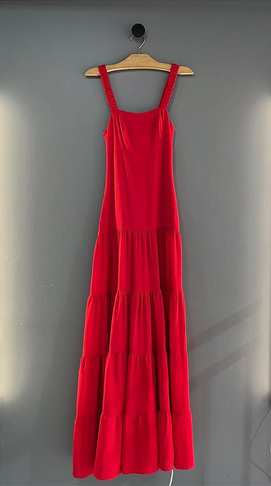 Vestido Longo Camadas Vermelho Alça Trançada