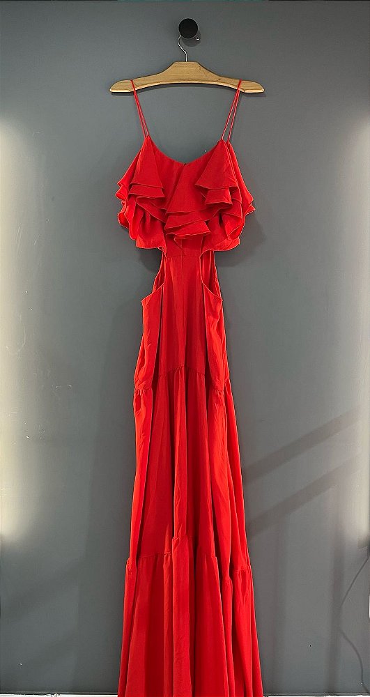 Vestido Longo Vermelho Alças Finas Babados