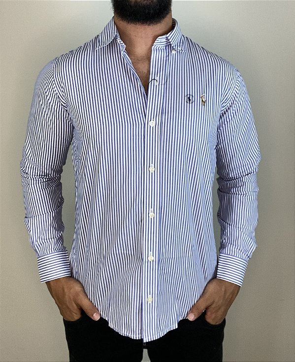 Camisa Social R.L Algodão Custom Fit Listra Azul