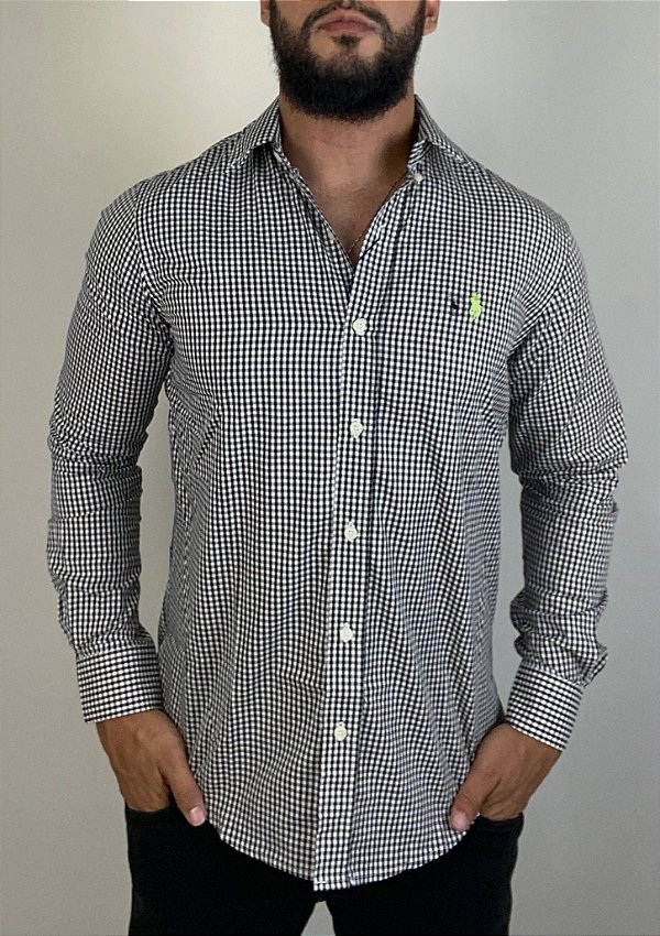 Camisa Social R.L Algodão Custom Fit Micro Xadrez Preta