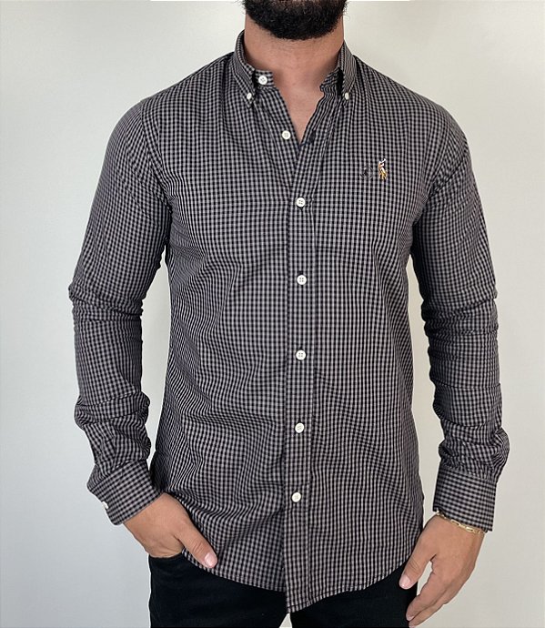 Camisa Social R.L Algodão Custom Fit Micro Xadrez Preta