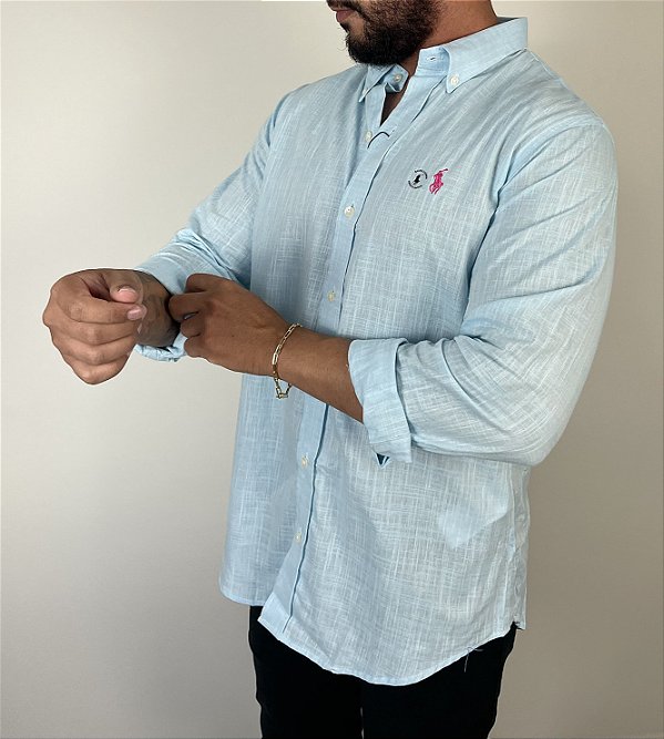 Camisa Social R.L Linho Custom Fit Azul claro