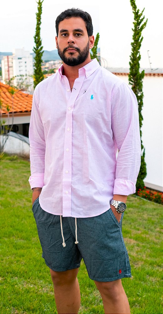 Camisa Social R.L Linho Custom Fit Rosa Claro