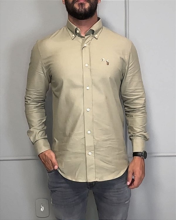Camisa Social R.L Oxford Custom Fit cor Caqui