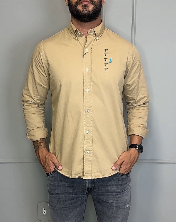 Camisa Social R.L Sarja Tinturada Custom Fit Caqui