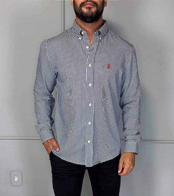 Camisa Social R.L Algodão Custom Fit Micro Xadrez Azul