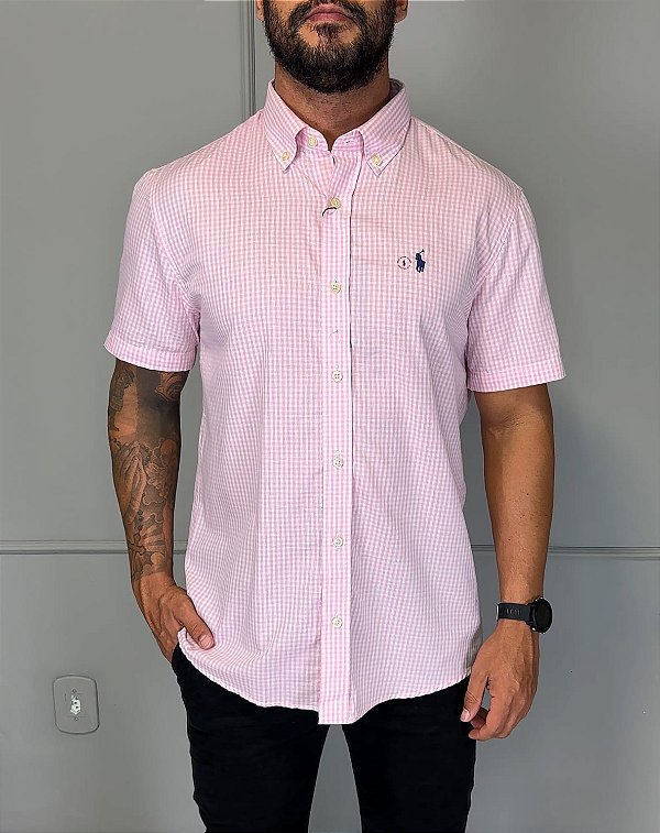 Camisa Social R.L Algodão Custom Fit Micro Xadrez Rosa Claro