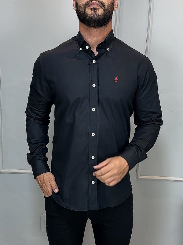 Camisa Social R.L Oxford Custom Fit Preta SmallPoney Vermelho