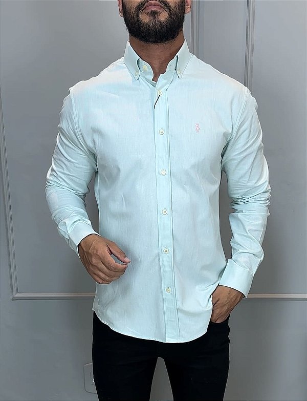 Camisa Social R.L Oxford Custom Fit  Verde Água