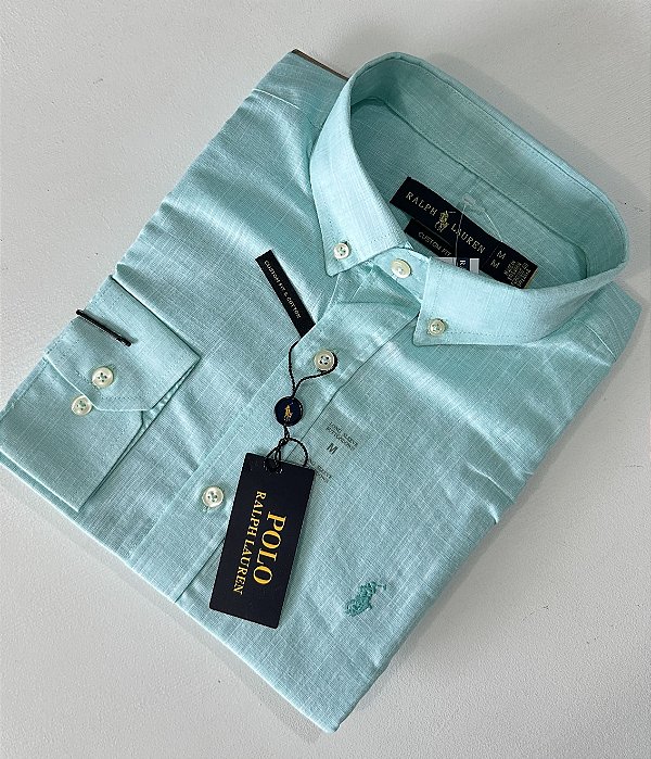 Camisa Social R.L Linho Custom Fit Verde Água Monocromática