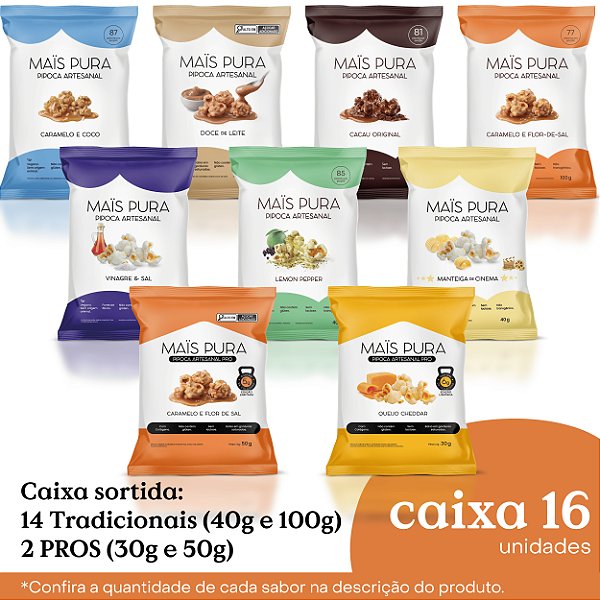 Caixa sortida: 14 Tradicionais (40g e 100g) 2 PROS (30g e 50g)