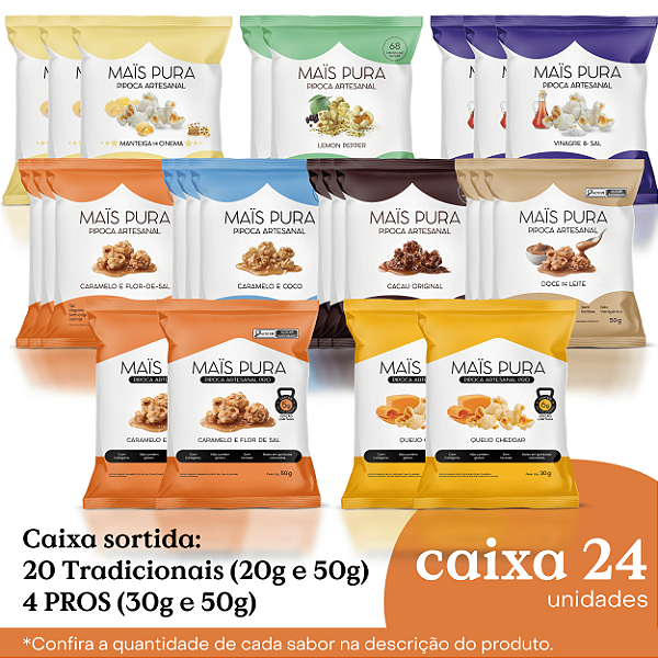Caixa sortida: 20 Tradicionais (20g e 50g) 4 PROS (30g e 50g)