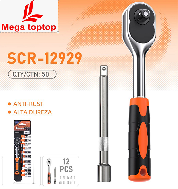 Jogo de Chave Catraca Soquete 1/2 Com 12 Peças 08-24 mm Com Extensão