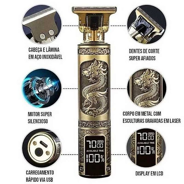 龙剪金属 显示 CX200 Máquina De cortar cabelo Dragão Recarregável Portátil Com Display