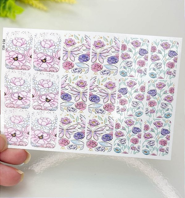 Adesivos de unhas florais rosa claro e lilaz 158-0158