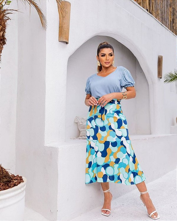 Saia Viscose Mesclado Azul/Verde G
