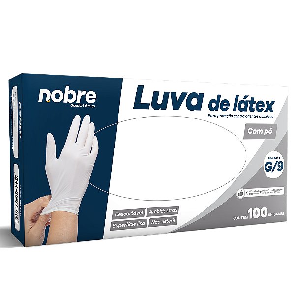 Luva Latex c/ pó Proteção Contra Agentes Quim. cx c/ 100 Unidades - Nobre