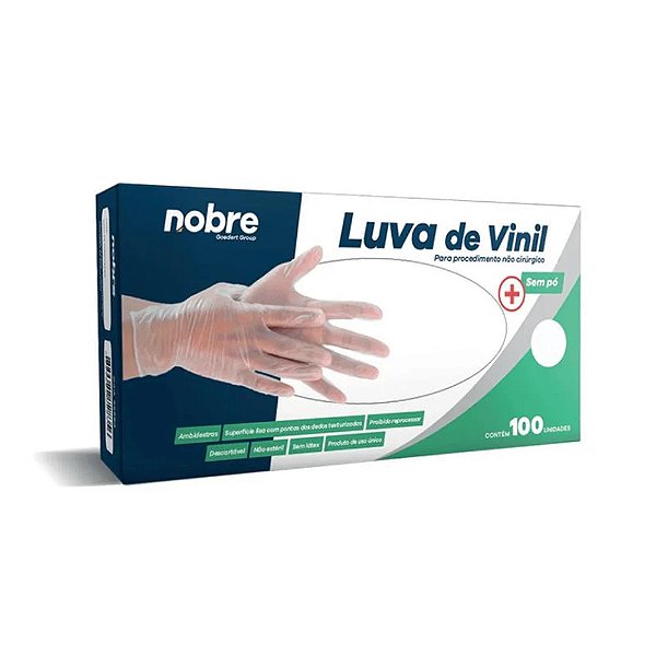 Luva Vinil s/ pó Proteção Contra Agentes Quim. cx c/ 100 Unidades - Nobre