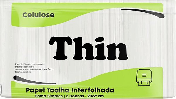 Papel Toalha Interfolha Thin 20 x 21 cm - Celulose - PT c/ 1000 Folhas