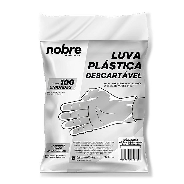Luva Plastica HDPE- Descartável - Nobre - PT com 100 unidades