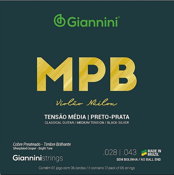 Encordoamento Violão Giannini Nylon MPB GENWBS Preto/Prata Media