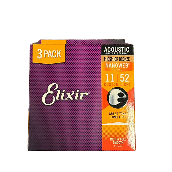 Encordoamento Elixir Nanoweb 011 Custom Light Phosphor Bronze para Violão Pack Com 3 Jogos
