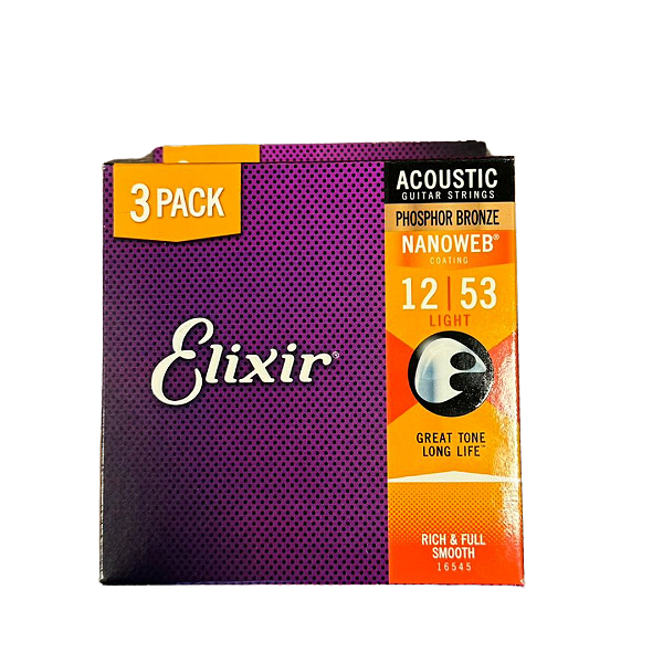 Encordoamento Elixir Nanoweb 012 Light Phosphor Bronze para Violão Aço Pack Com 3 Jogos