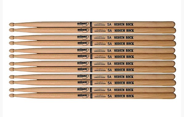 Baqueta Williams Classic X5A Estendida American Hickory Medium Rock (6 Pares)