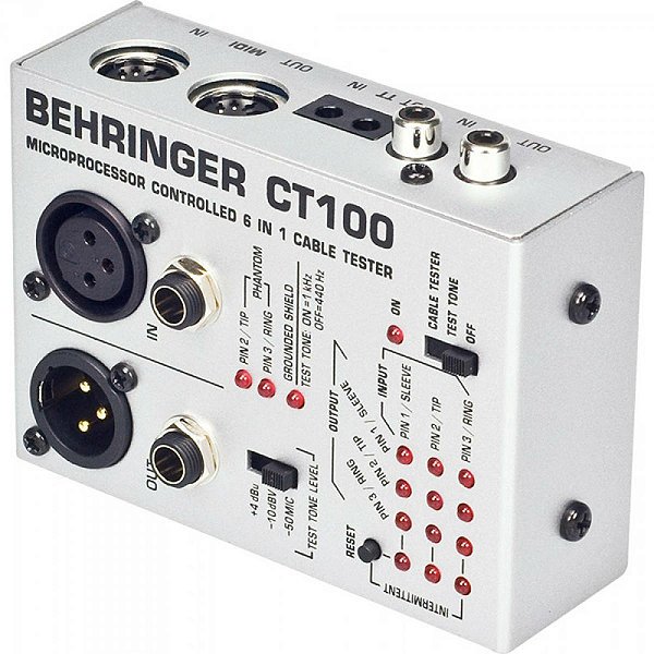 Testador De Cabos De Áudio Xlr P10 Rca Ct100 Behringer Prata
