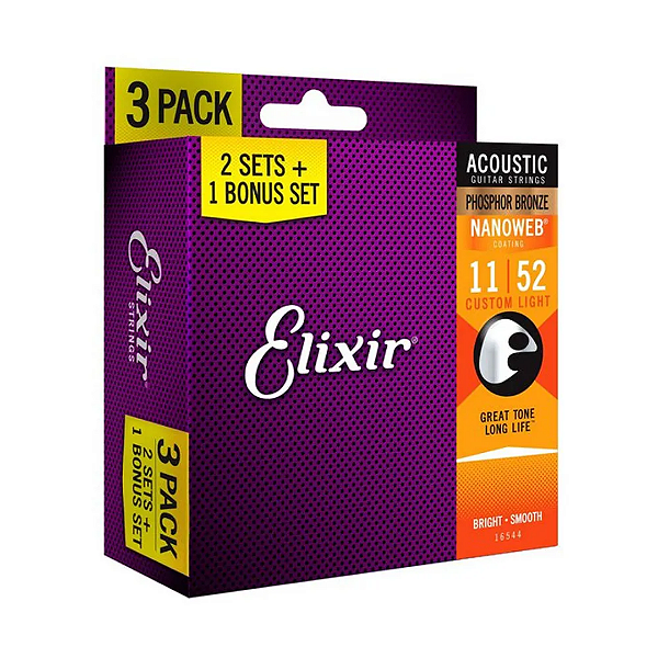Encordoamento Elixir Nanoweb 011 Light Phosphor Bronze para Violão Aço Pack Com 3 Jogos