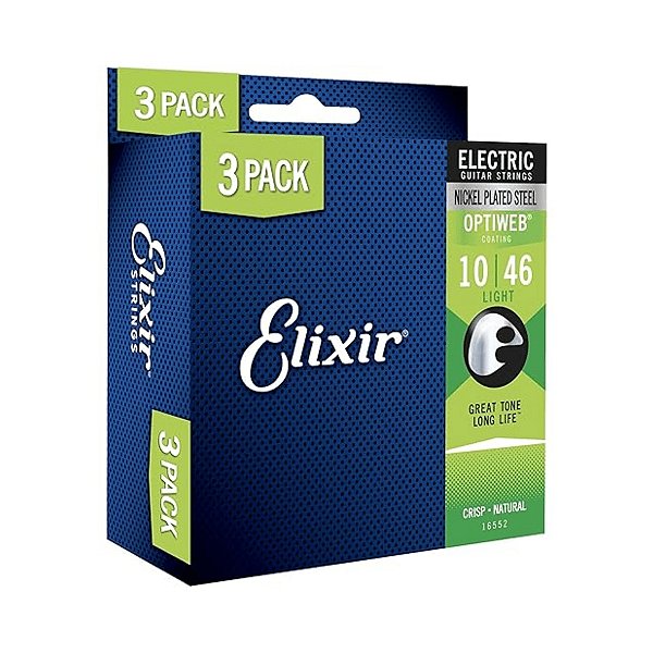 Encordoamento Para Guitarra Elixir 010 Custom Light Optiweb NIckel Plated Steel 16645 Pacote C/ 3