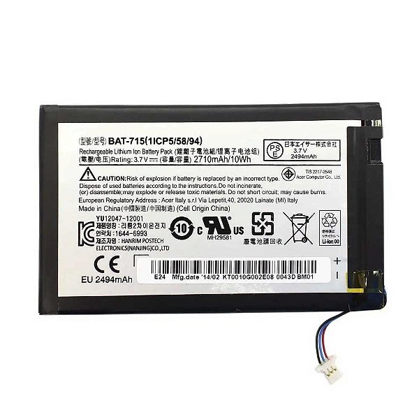 Bateria Tablet Acer 3.7v 2710mAh/10Wh BAT-715(1ICP5/58/94)