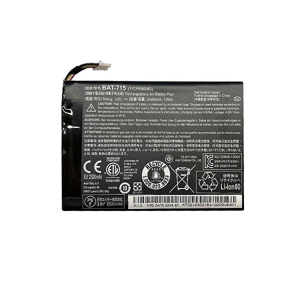 Bateria Tablet Acer 3.8v 2640mAh/10Wh BAT-715 1ICP5/60/80