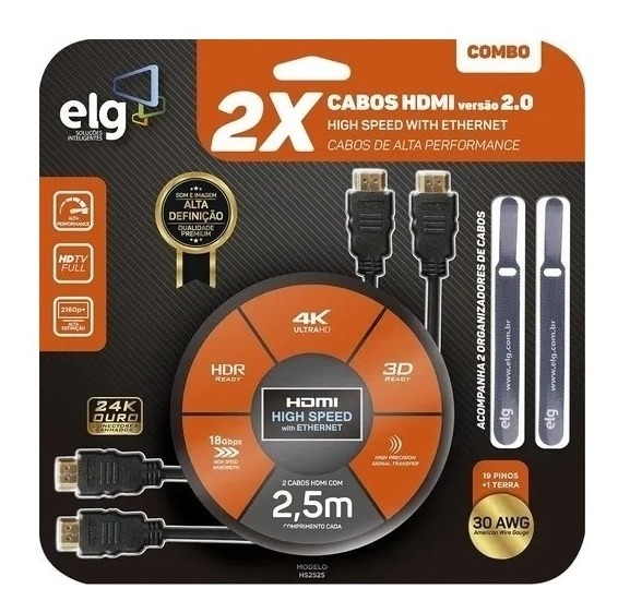 Kit 2 Cabos Hdmi 2.0 4k 2.5 Metros + 2 Organizadores - ELG