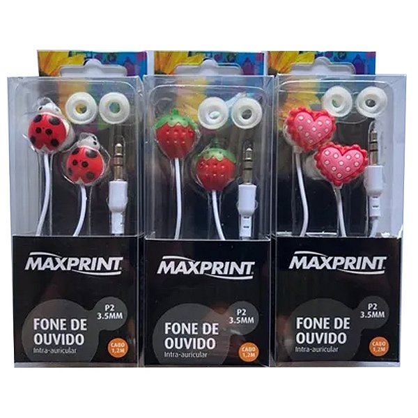 Kit 3 Fone De Ouvido Joaninha Morango E Coração Stereo