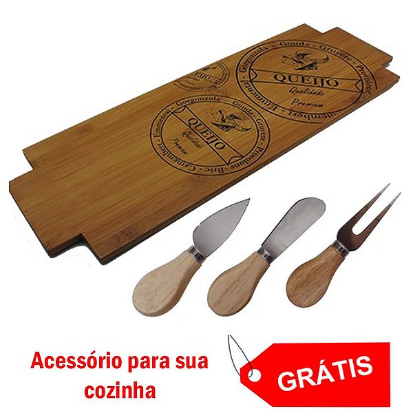 Kit Tábua 80Cm e Jogo 3 Talheres Para Queijo + Brinde