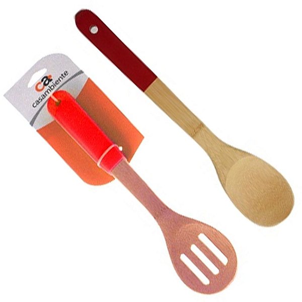 Kit Colheres Cabo Madeira e Silicone Vermelha