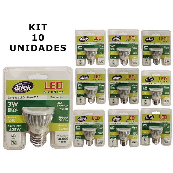 Kit 10 Lâmpadas Led 3w Bivolt Dicróica Branca 25w 6500k E27