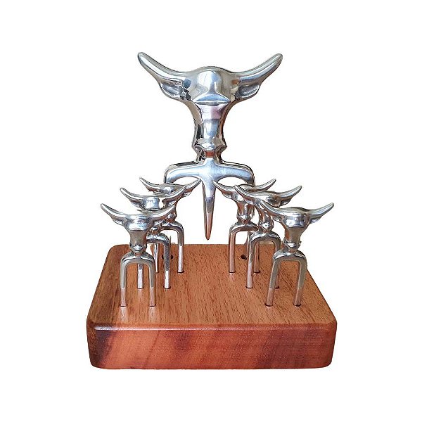 Garfo Tridente com 6 garfinhos para petisco com suporte de madeira