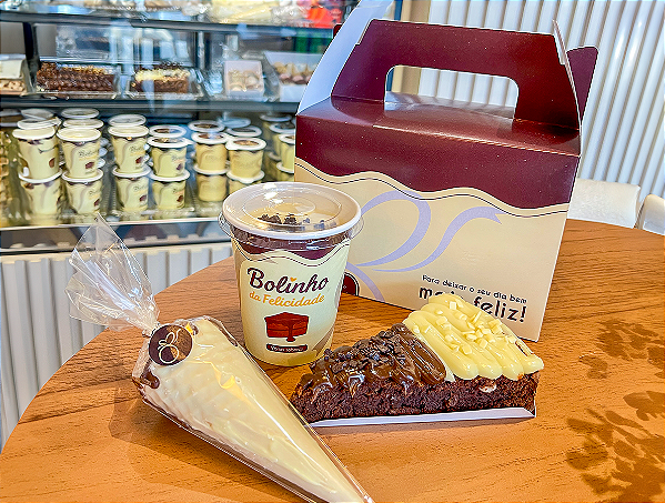 Kit Maletinha – Bolo no Potinho + Fatia de Brownie + Cone Trufado