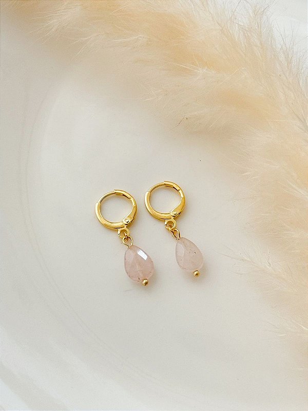 Argolinha Gota Quartzo Rosa Ouro