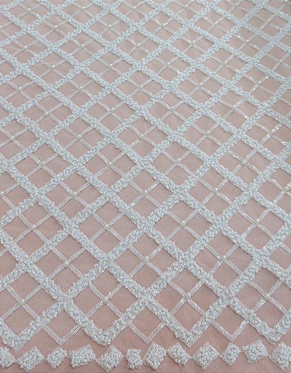 Tecido Renda Tule Bordado Com Pedraria Off White-1,30m de Largura